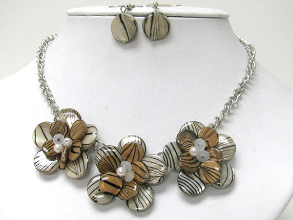 Painted shell disk and triple flower link statement necklace earring set