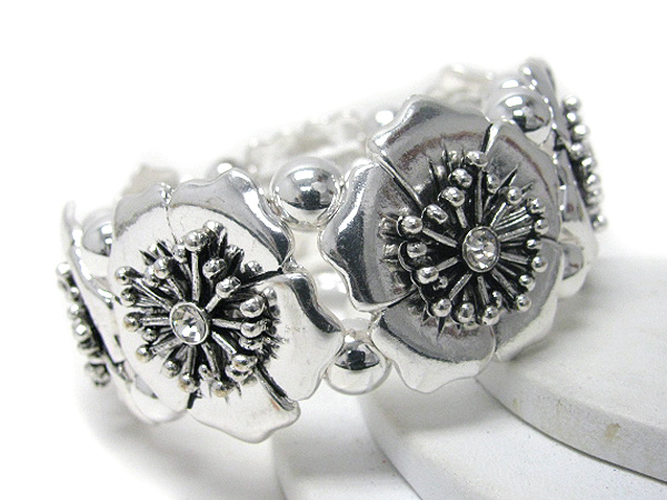 Crystal center multi metal flower link stretch bracelet