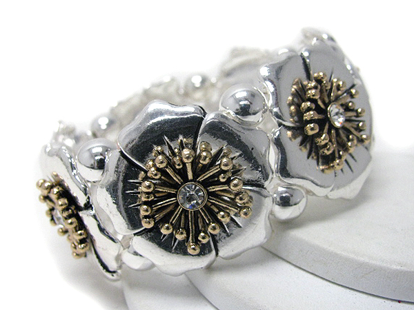 Crystal center multi metal flower link stretch bracelet