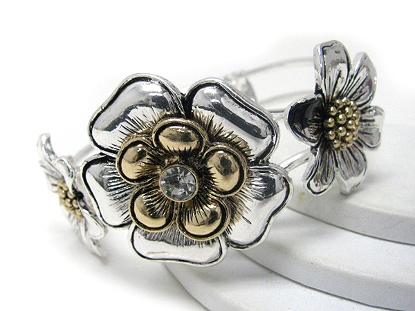 Crystal center multi metal flower link bangle bracelet