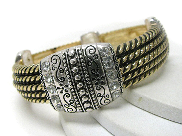 Architectural crystal deco and metal art stretch bracelet