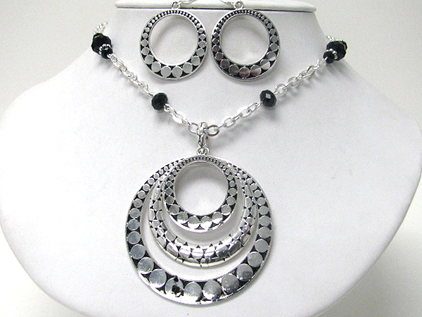 Designer pattern triple metal hoop pendant and earring set - hoops