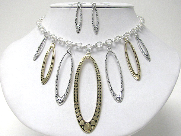 Multi size metal oval drop statement necklace earring set