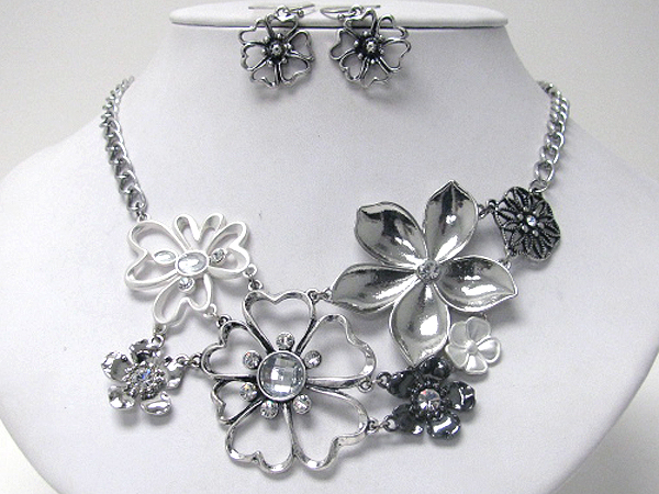 Crystal deco multi flower link statement necklace earring set