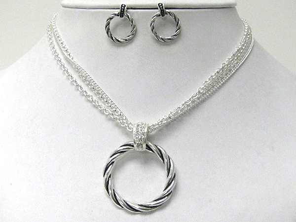 Metal rope hoop pendant and multi chain necklace earring set - hoops