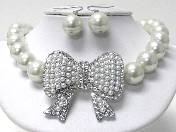 Pearl stud large ribbon pendant and pearl chain necklace earring set