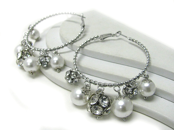 Multi crystal ball and pearl drop hoop earring - hoops