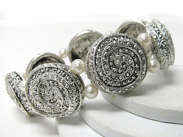 Pearl beads marcasite look casting metal link stretch bracelet