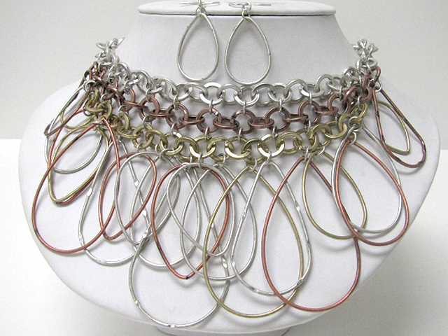 Multi tri tone metal hoop dangle chain statement necklace earring set - hoops