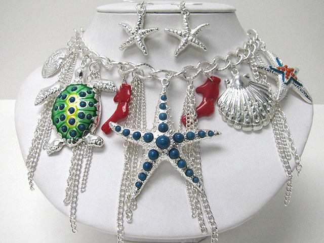 Sea life theme charm and tassel dangle chain statement necklace earring set