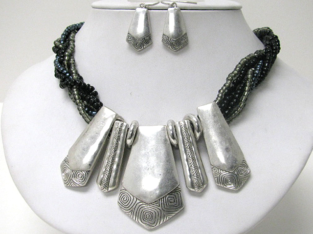 Ethnic style metal and braided glass seed beads statement necklace earring set