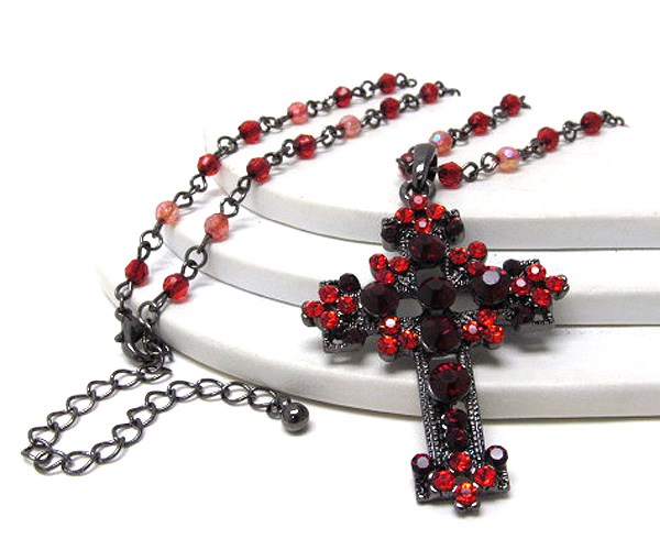 Crystal cross and beads chain necklace