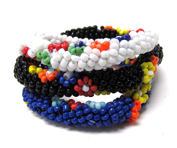 Ethnic flower fashion style seed bead three row stretch bracelet