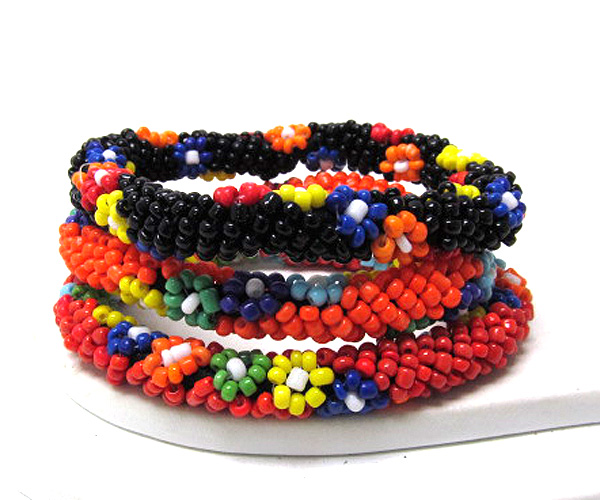 Ethnic flower fashion style seed bead three row stretch bracelet