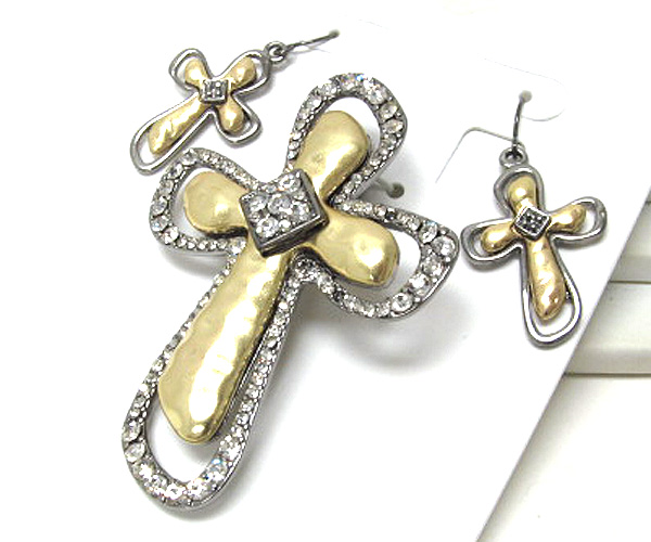 Crystal hammered metal cross pendant and earring set