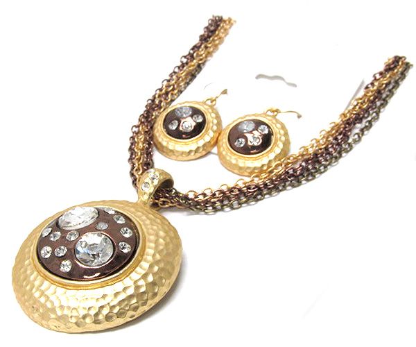 Crystal round hammer texture drop with multi metal chain necklace earring set