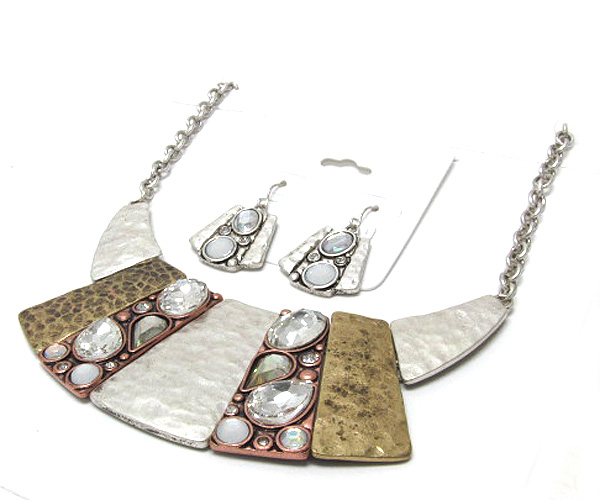 Multi patern crystal and hammerd texture bars drop chain necklace earring set