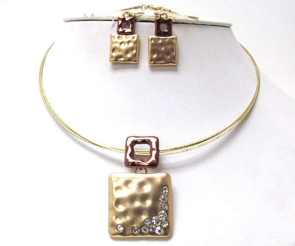 Crystal hammerd metal double square pendant drop wired chain necklace earring set