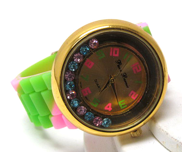 Floating stone round face fashion colorful rubber band watch