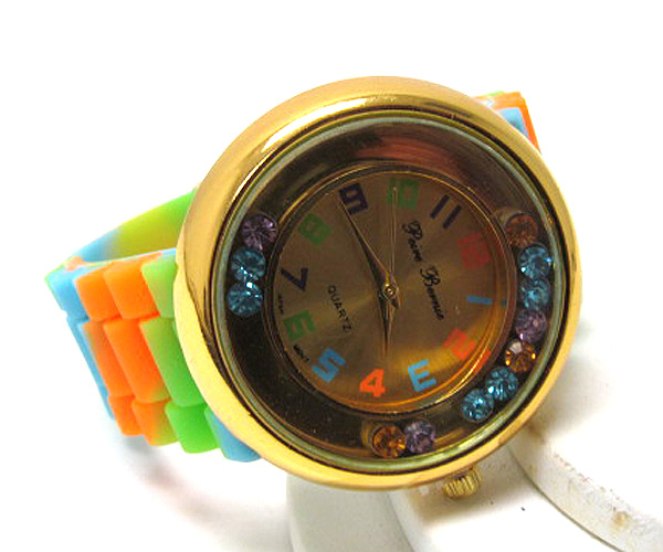 Floating stone round face fashion colorful rubber band watch