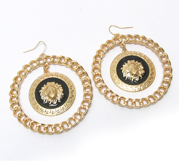 Lion head and epoxy deco disk and chain hoop earring - hoops