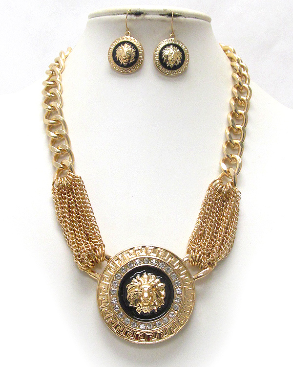 Crystal and epoxy deco lion head disk pendant and chain rihanna style necklace earring set