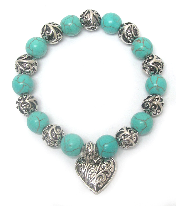 Turquoise and metal ball and heart charm stretch bracelet