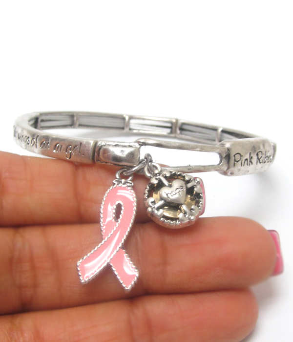 Pink ribbon charm stretch bracelet - believe in power