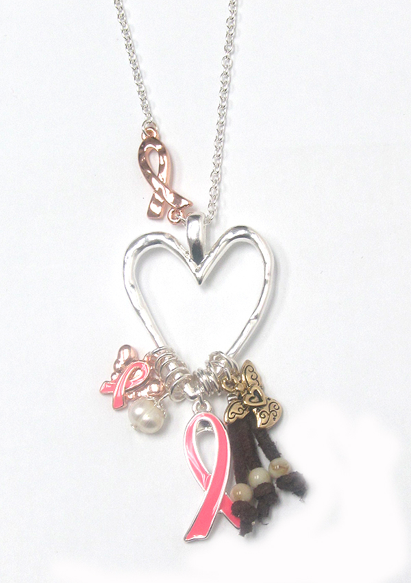 Pink ribbon heart metal pendant necklace