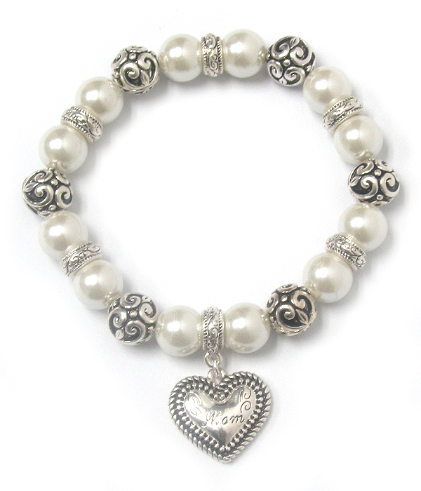 Heart charm and metal filigree ball and pearl stretch bracelet - mom