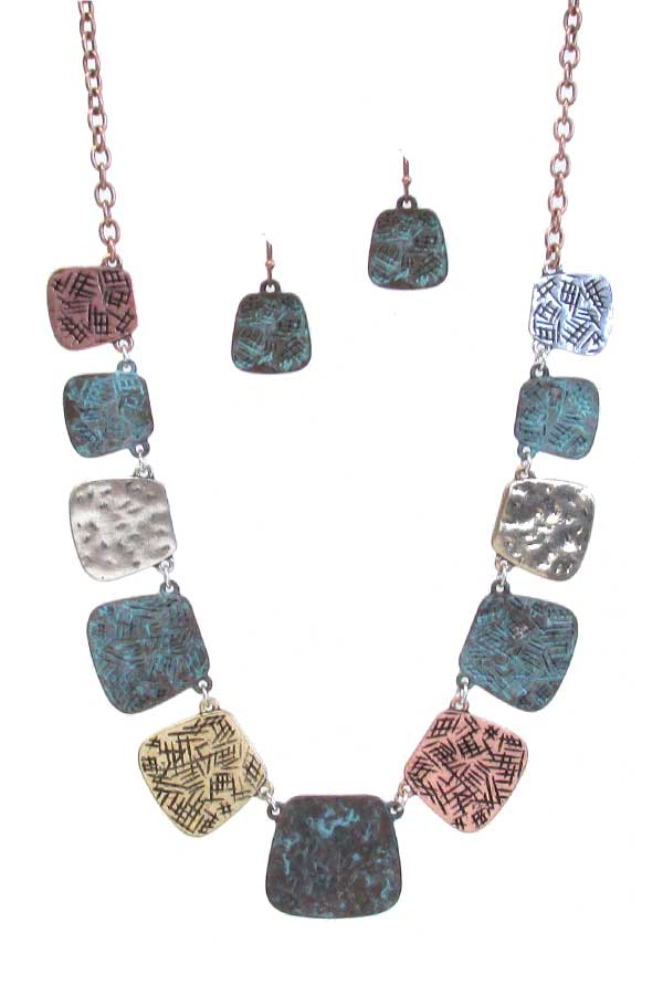 Textured multi metal plate link necklace set