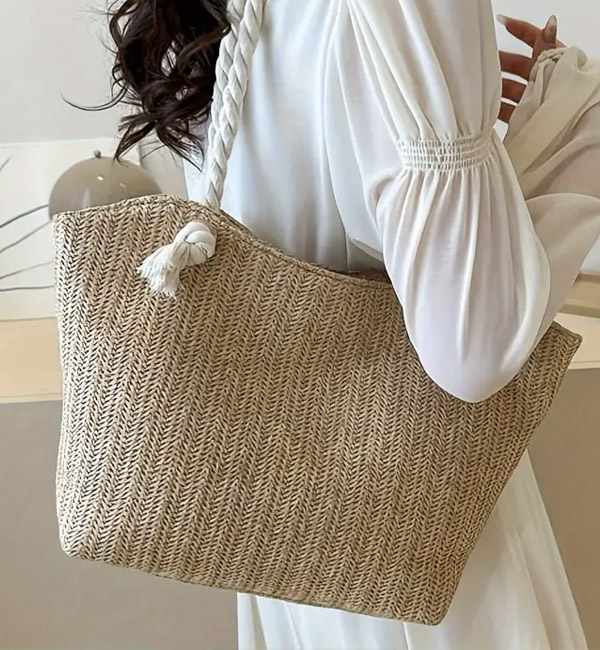 Beige woven tote bag with braided rope handle