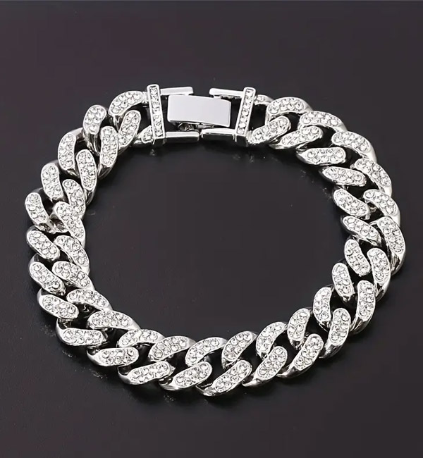 Cuban link bracelet with embedded crystals and secure clasp mens jewelry
