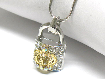 Made in korea whitegold plating crystal crown pad lock pendant necklace