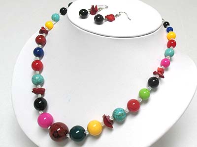 Multi color natural stone and glass ball necklace and earring set