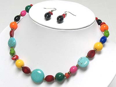 Multi color natural stone and glass ball necklace and earring set