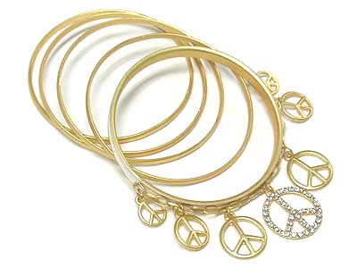 Crystal peace mark dangle five row metal bangle