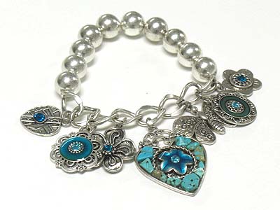 Natural stone and metal epoxy charm dangle stretch bracelet