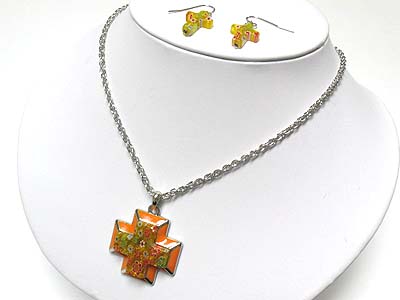 Fossil flower pattern cross pendant neckalce and earring set