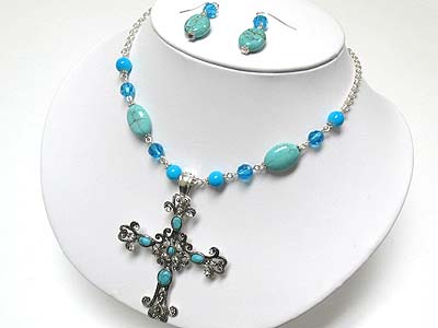 Crystal and turquoise stone deco cross pendant necklace and earring set