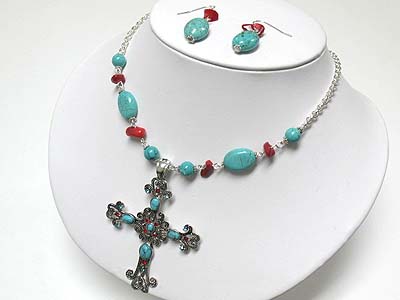 Crystal and turquoise stone deco cross pendant necklace and earring set