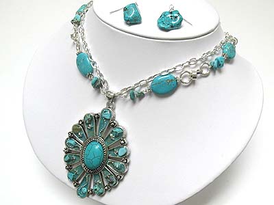 Crystal and turquoise stone deco antique stule pendant necklace and earring set