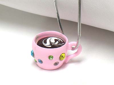 Enameled metal crystal stud miniature coffee cup pendant necklace