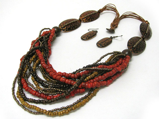 Eco friendly tropical multi row wooden beads and animal print resin disk link long necklace earring set