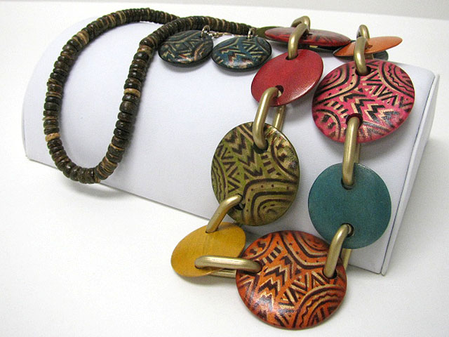 Eco friendly tropical  print wooden disk link necklace earring set