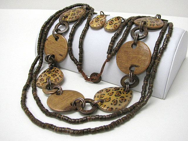 Eco friendly tropical  wooden beads and animal print disk link long necklace earring set