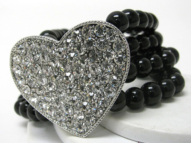 Crystal stud heart top pearl beads stretch bracelet