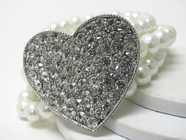 Crystal stud heart top pearl beads stretch bracelet