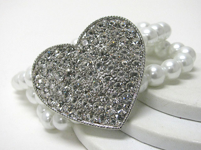 Crystal stud heart top pearl beads stretch bracelet