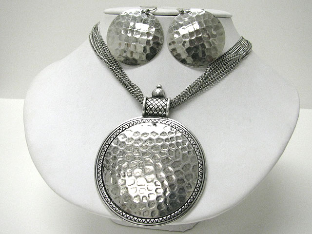 Large hammered metal round medallion multi chain necklace earring set